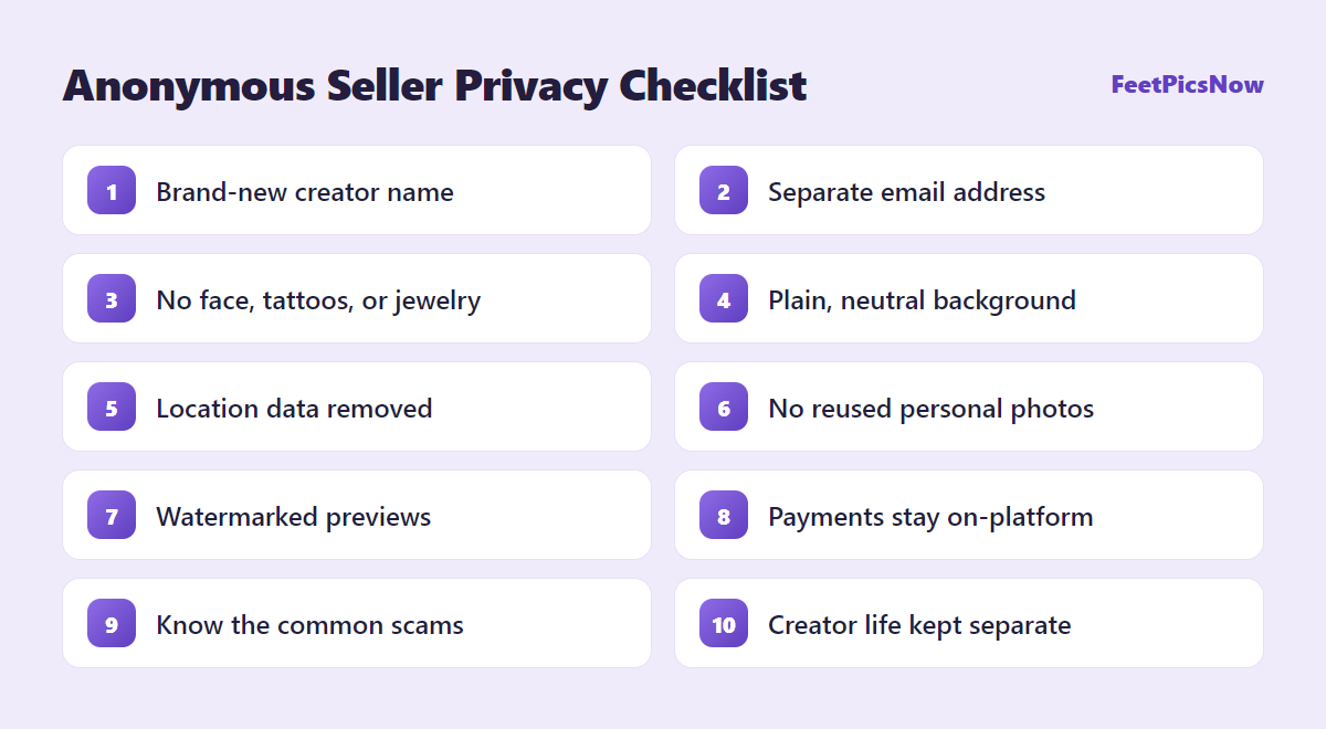 Privacy checklist for selling feet pics anonymously, summarizing the ten steps in this guide